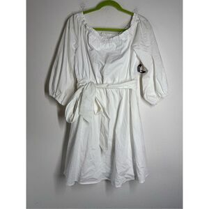 NWT NewYork & Co Bohemian Romantic White Dress Elastic Shoulder Belted  Sz L